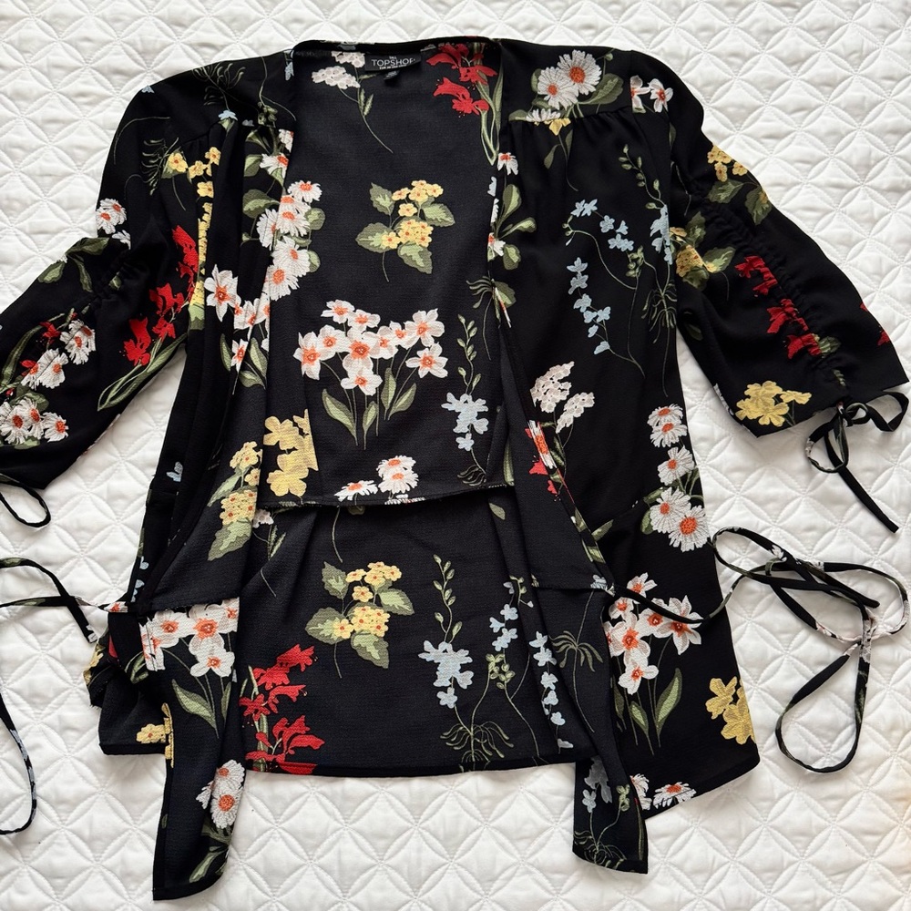 Topshop Black V-Neck Floral Wrap Tie Ruched Elbow Length Sleeve Blouse Sz 6 Tall - Picture 9 of 16